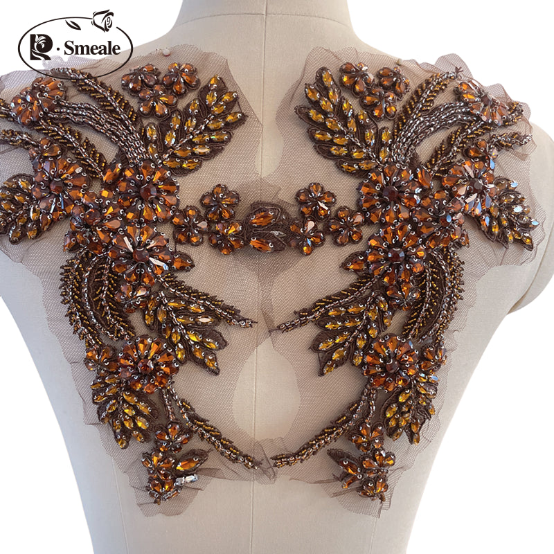 Handmade Rhinestone Flower Patches – 1 Pair Sparkling Mirror Glass Appliques for Gowns & Accessories