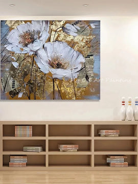 100% Handmade gold foil artwork square white flower landscape Oil Painting Modern Living Room Wall Decoration