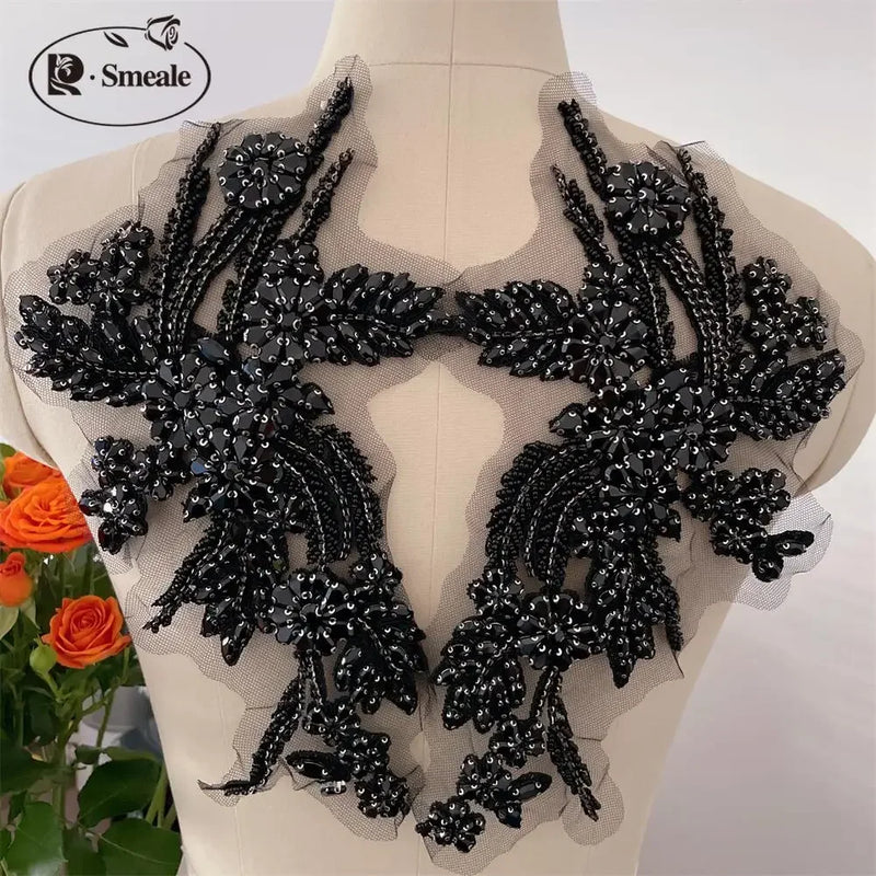 Handmade Rhinestone Flower Patches – 1 Pair Sparkling Mirror Glass Appliques for Gowns & Accessories