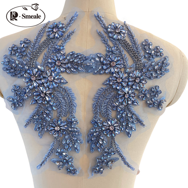 Handmade Rhinestone Flower Patches – 1 Pair Sparkling Mirror Glass Appliques for Gowns & Accessories