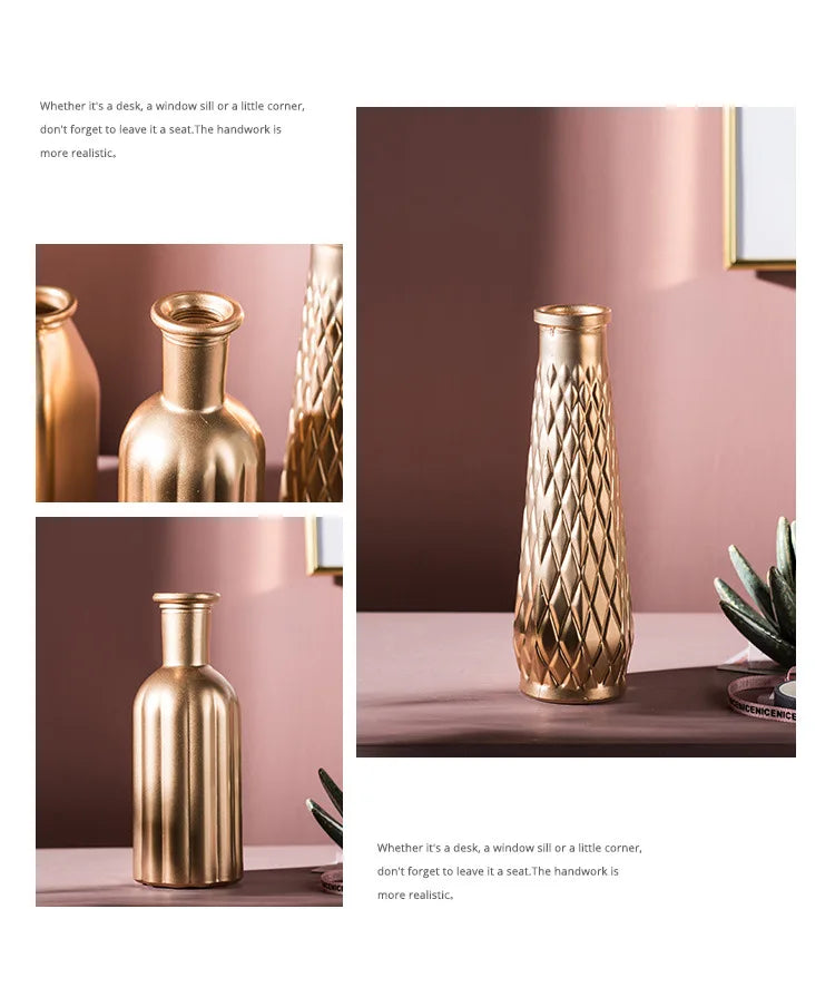 Embossed Golden Glass Vase European Classic Hydroponic Vases Gold-plating Process Medium Flower Pots Decorative Ornaments