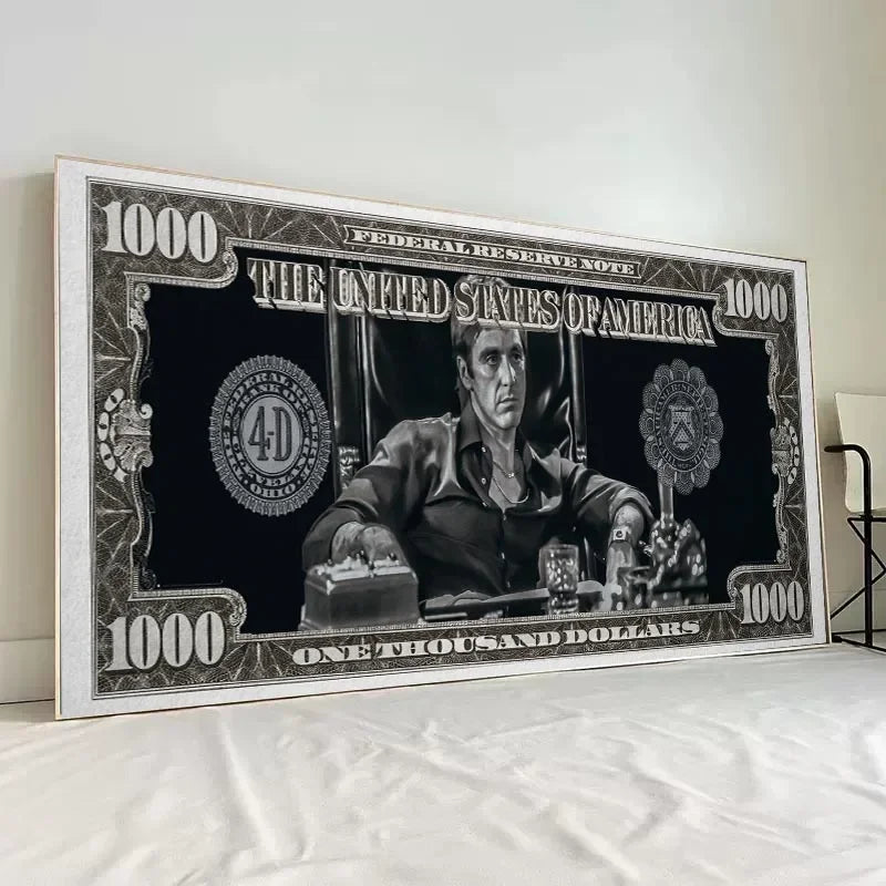 Tony Montana Scarface Canvas Wall Art  HD Dollar Print Poster for Home, Office & Bar Decor