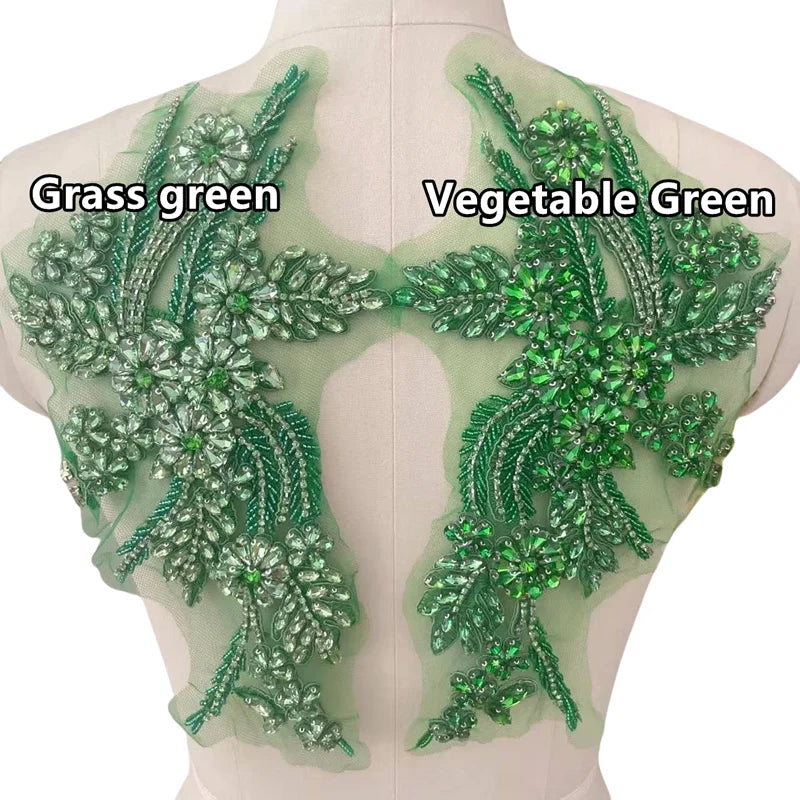 Handmade Rhinestone Flower Patches – 1 Pair Sparkling Mirror Glass Appliques for Gowns & Accessories