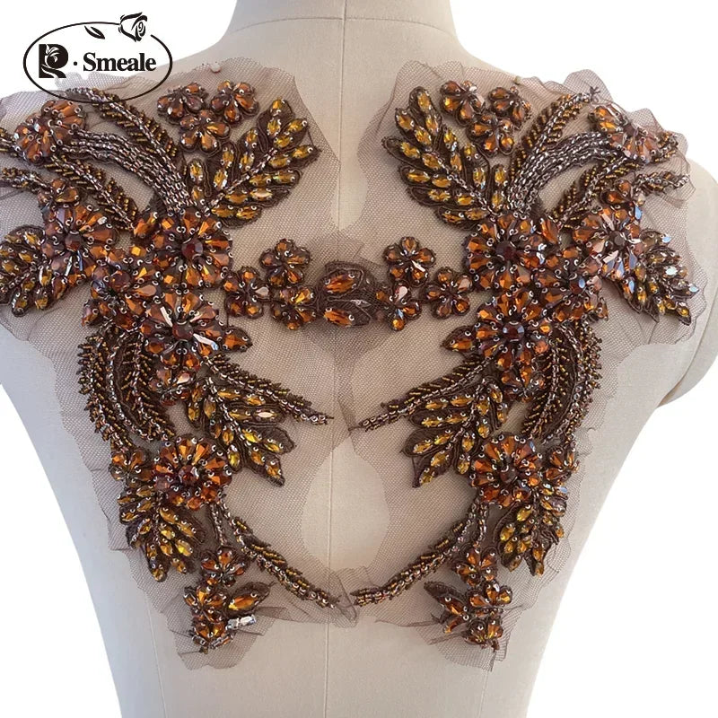 Handmade Rhinestone Flower Patches – 1 Pair Sparkling Mirror Glass Appliques for Gowns & Accessories