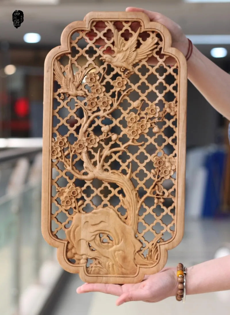 Handcrafted Camphor Wood Carving Wall Art – Chinese Classical Hollow Design for Elegant Home Decoration