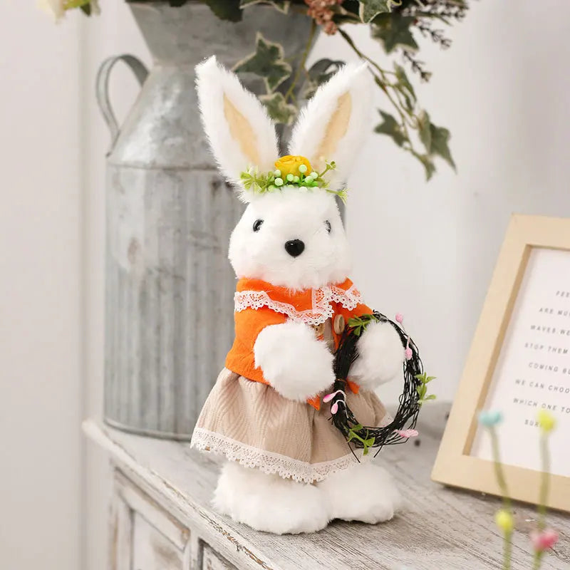 Easter Rabbit Ornaments Cute Bunny Plush Doll Holding Artificial Flowers for Home Desktop Table Decoration Easter Party Supplies