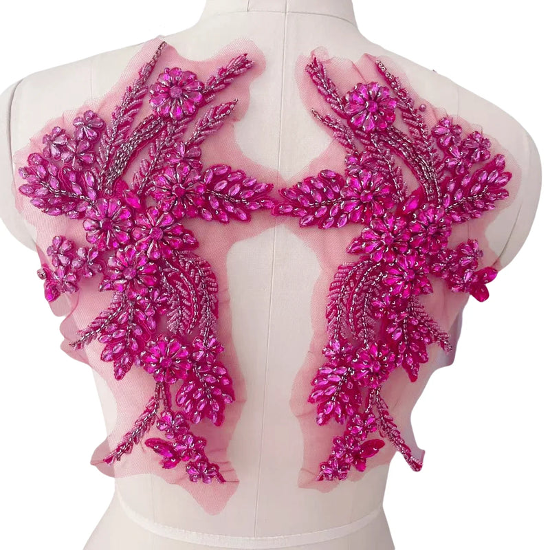 Handmade Rhinestone Flower Patches – 1 Pair Sparkling Mirror Glass Appliques for Gowns & Accessories