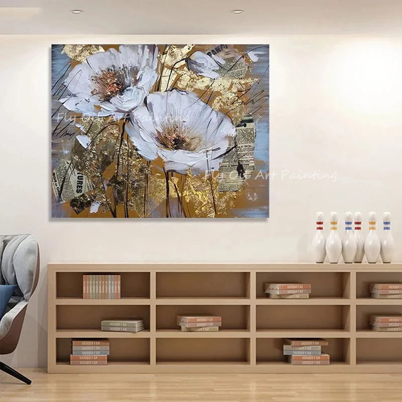 100% Handmade gold foil artwork square white flower landscape Oil Painting Modern Living Room Wall Decoration