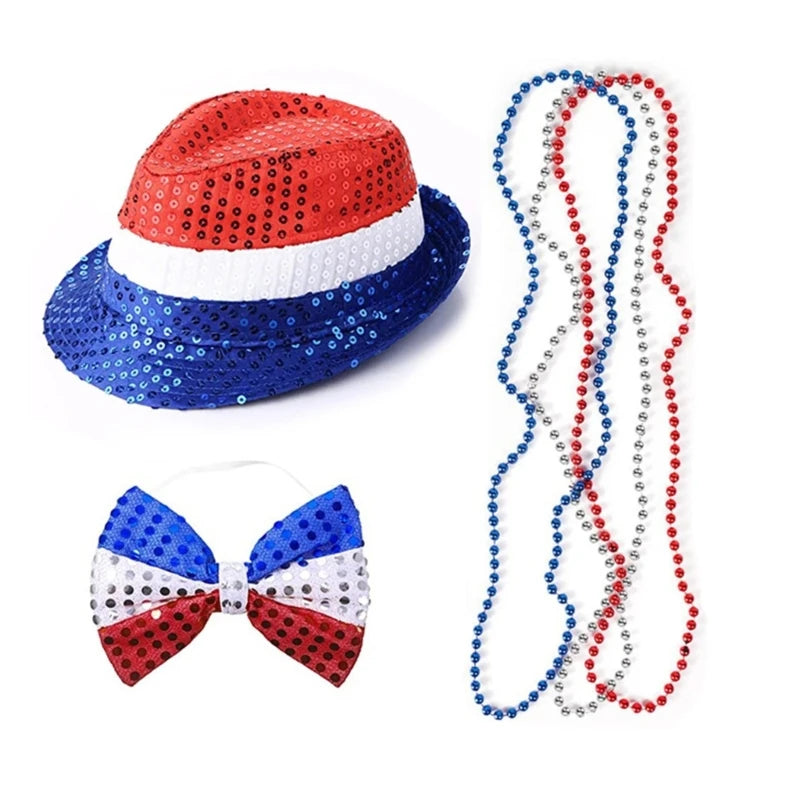 Independance Day Costume Uncle-Sam Accessories Top Hat Sequins Hat Headband Necklaces Stockings for Women & Men