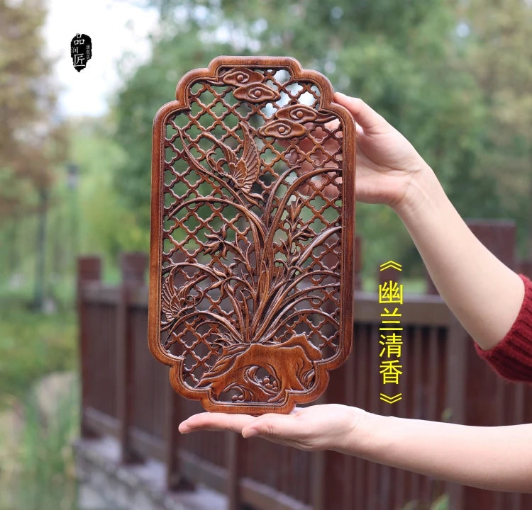 Handcrafted Camphor Wood Carving Wall Art – Chinese Classical Hollow Design for Elegant Home Decoration