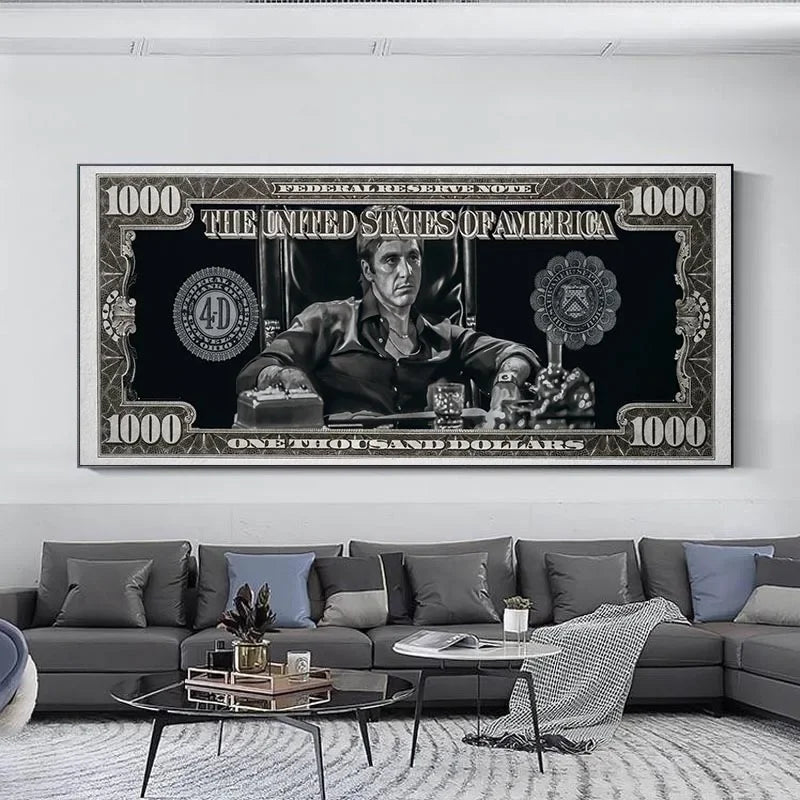 Tony Montana Scarface Canvas Wall Art  HD Dollar Print Poster for Home, Office & Bar Decor