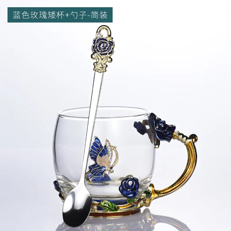 Creative Enamel Butterfly Flower Rose Glass Tea Cup Household Heat Resistant Water Cup Female Milk Tea Mug Office Gift Cup