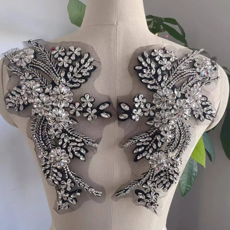 Handmade Rhinestone Flower Patches – 1 Pair Sparkling Mirror Glass Appliques for Gowns & Accessories