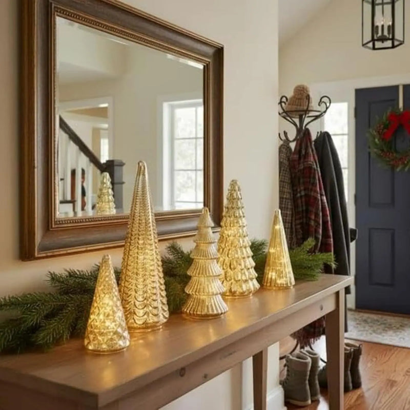 LED Trees Set of 5 Gold 3D Printed Modern Illuminated Christmas Figurines for Home, Party & Xmas Décor