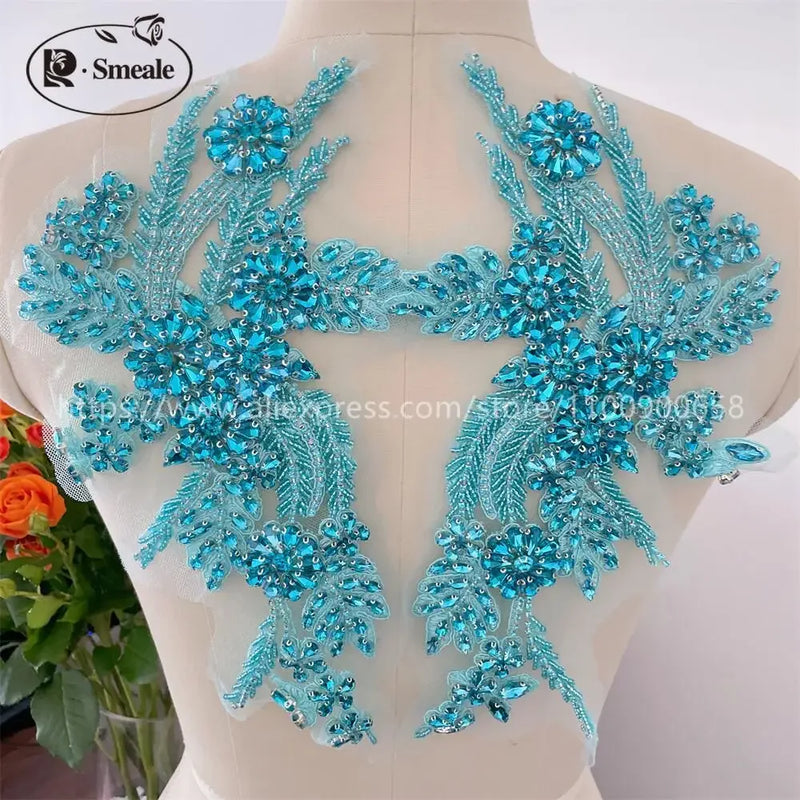Handmade Rhinestone Flower Patches – 1 Pair Sparkling Mirror Glass Appliques for Gowns & Accessories