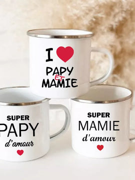 Enamel Mug Super Papy Mamie Print Coffee Cups For Milk, Drinks, Or Water That Make Great Gifts For Grandma And Grandpa