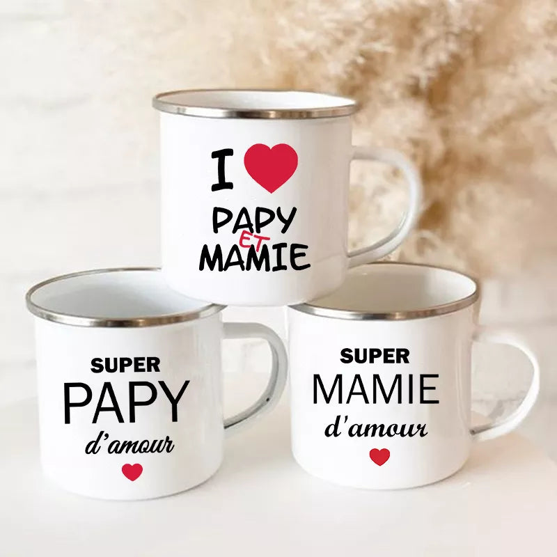 Enamel Mug Super Papy Mamie Print Coffee Cups For Milk, Drinks, Or Water That Make Great Gifts For Grandma And Grandpa