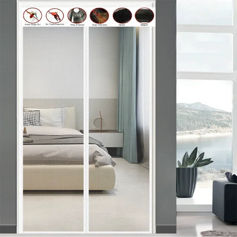 White Magnetic Screen Door – Mosquito Proof Diamond Mesh Curtain with Self-Adhesive Design