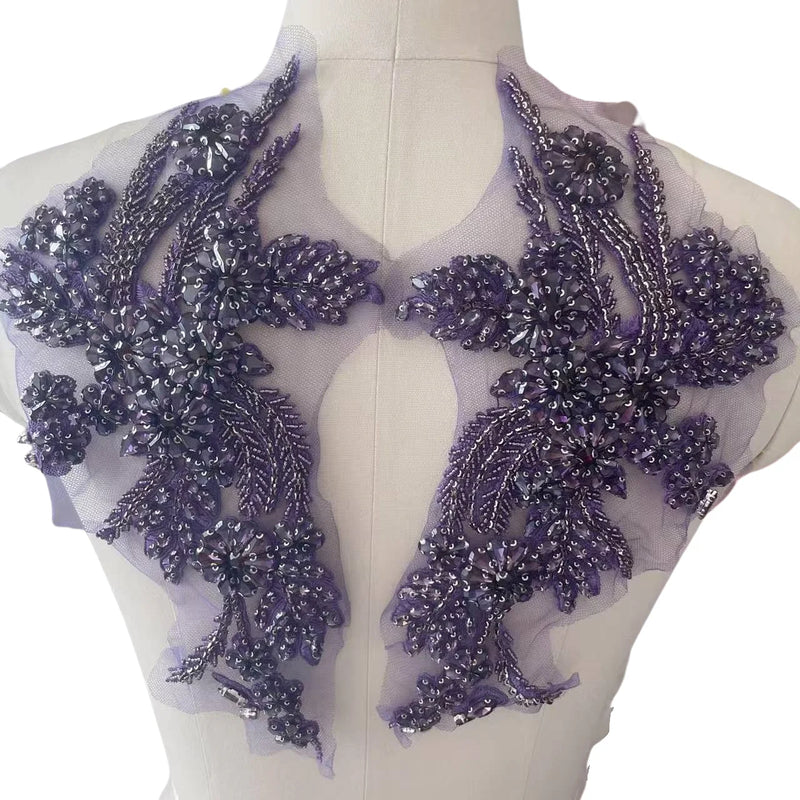 Handmade Rhinestone Flower Patches – 1 Pair Sparkling Mirror Glass Appliques for Gowns & Accessories