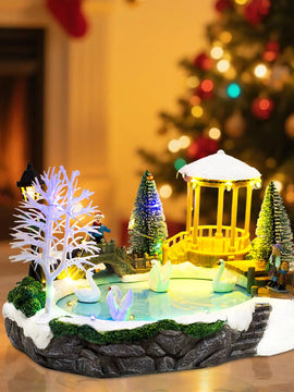 Holiday Table Décor LED Light Up Christmas Village Scene with Snowy Bridge, Pine Trees & Swans on Ice Pond