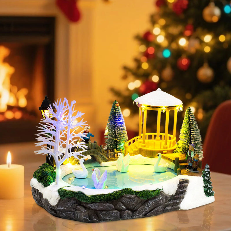 Holiday Table Décor LED Light Up Christmas Village Scene with Snowy Bridge, Pine Trees & Swans on Ice Pond