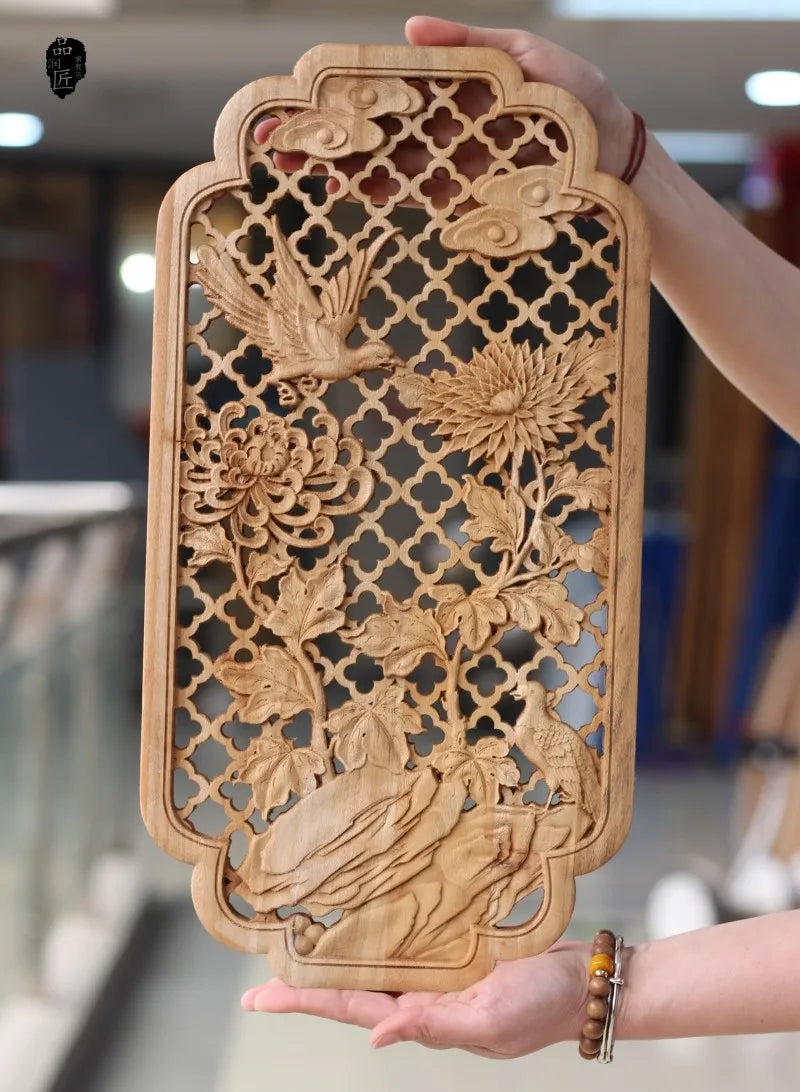 Handcrafted Camphor Wood Carving Wall Art – Chinese Classical Hollow Design for Elegant Home Decoration