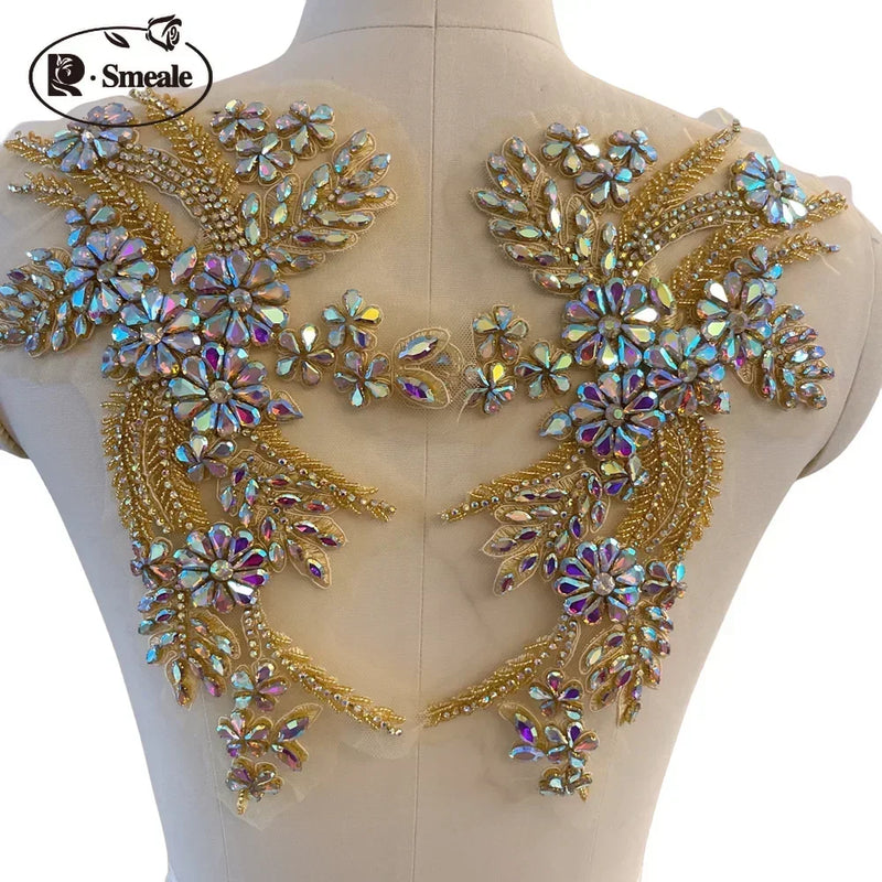 Handmade Rhinestone Flower Patches – 1 Pair Sparkling Mirror Glass Appliques for Gowns & Accessories