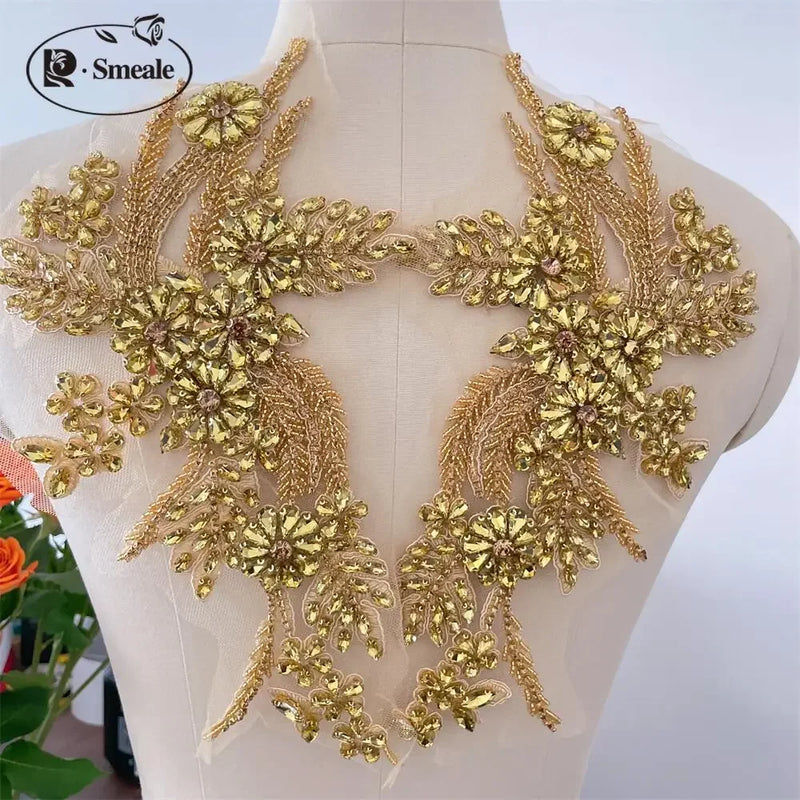 Handmade Rhinestone Flower Patches – 1 Pair Sparkling Mirror Glass Appliques for Gowns & Accessories