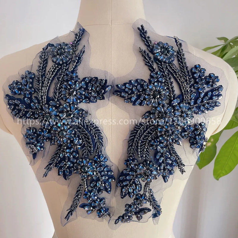 Handmade Rhinestone Flower Patches – 1 Pair Sparkling Mirror Glass Appliques for Gowns & Accessories