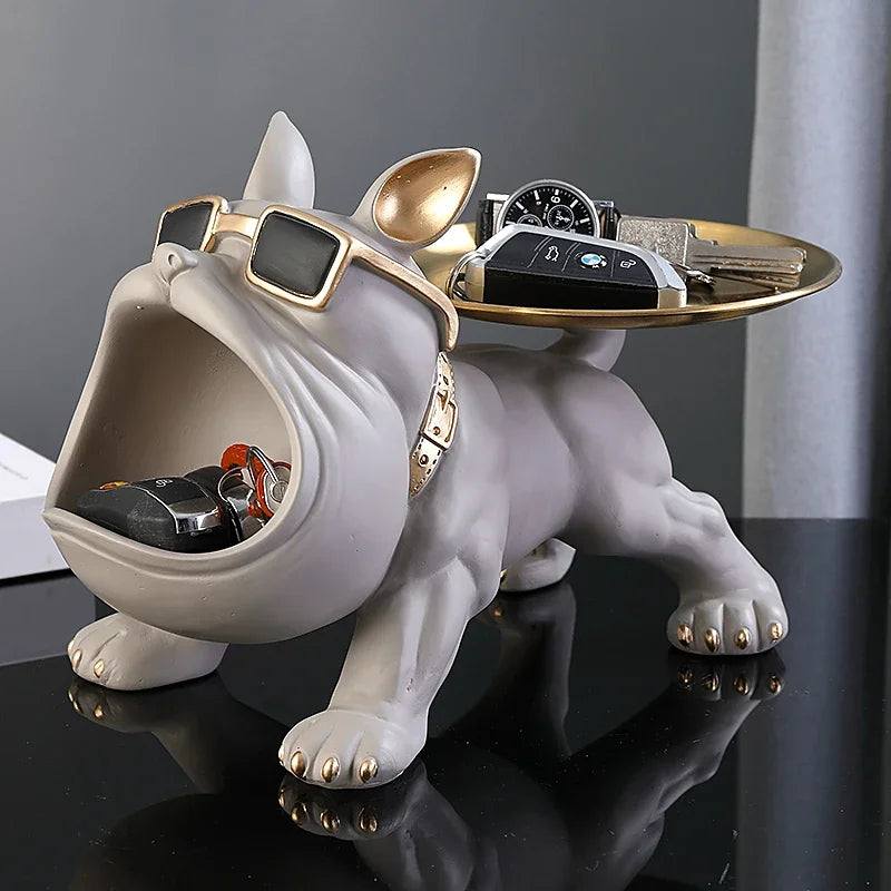 Resin Bulldog Figurine with Storage Cute Dog Sculpture Ornament for Home & Desktop Decor