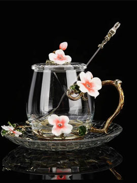 Beautiful Flower Tea Glass Mug Enamel Coffee Cup and Mug for Hot and Cold Drinks Home Tea Cup Spoon Set Perfect Gift for Mom