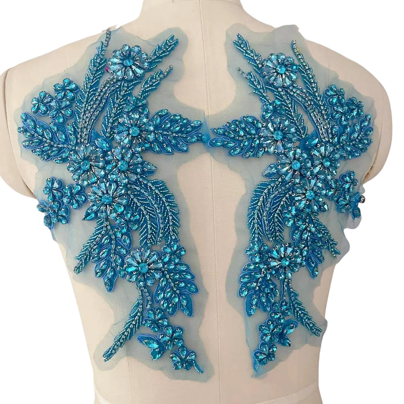 Handmade Rhinestone Flower Patches – 1 Pair Sparkling Mirror Glass Appliques for Gowns & Accessories