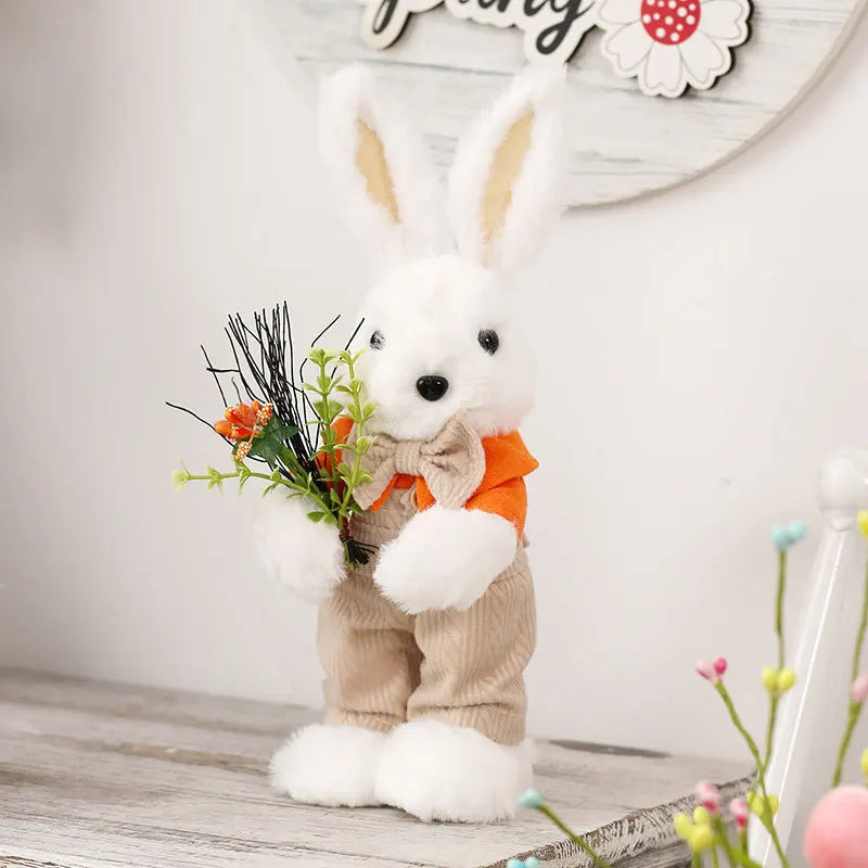 Easter Rabbit Ornaments Cute Bunny Plush Doll Holding Artificial Flowers for Home Desktop Table Decoration Easter Party Supplies