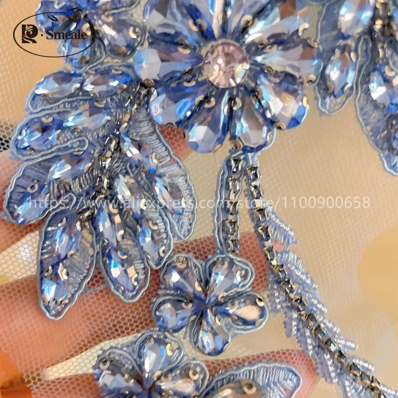 Handmade Rhinestone Flower Patches – 1 Pair Sparkling Mirror Glass Appliques for Gowns & Accessories