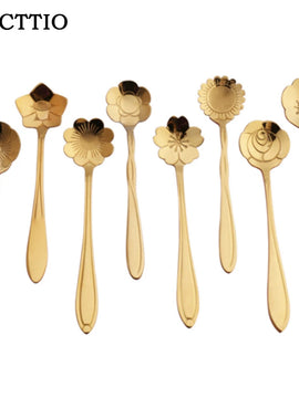 1pcs Mini Cute flower Stainless Steel Teaspoon Coffee Metal golden Soup Dessert Spoon tablespoon dessert spoons Kitchen utensils