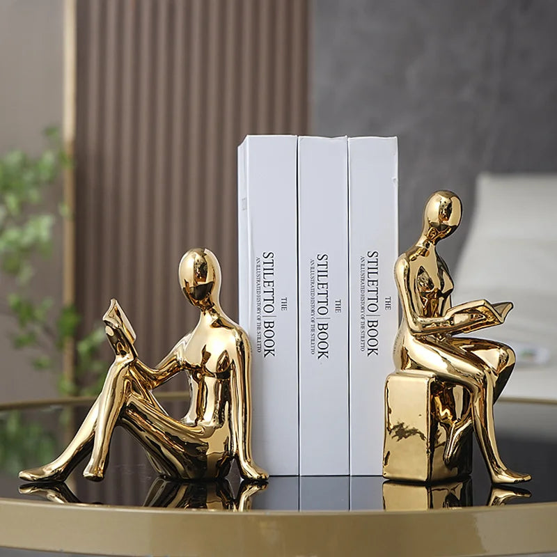 Modern Girl Figurine Bookend Set – Ceramic Desktop Ornament & Functional Book Shelf Stopper