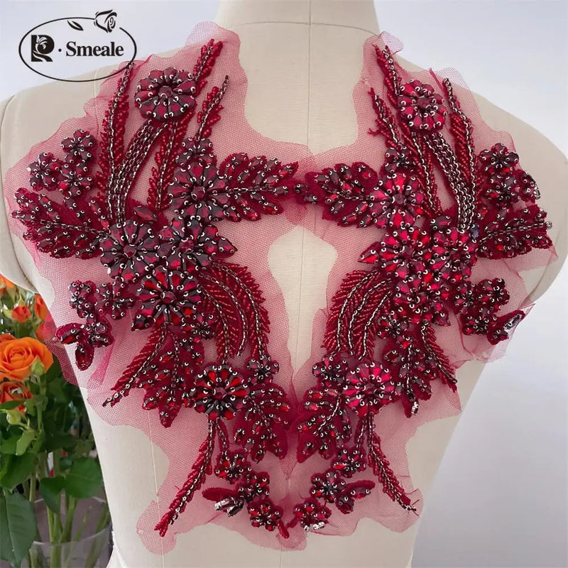 Handmade Rhinestone Flower Patches – 1 Pair Sparkling Mirror Glass Appliques for Gowns & Accessories