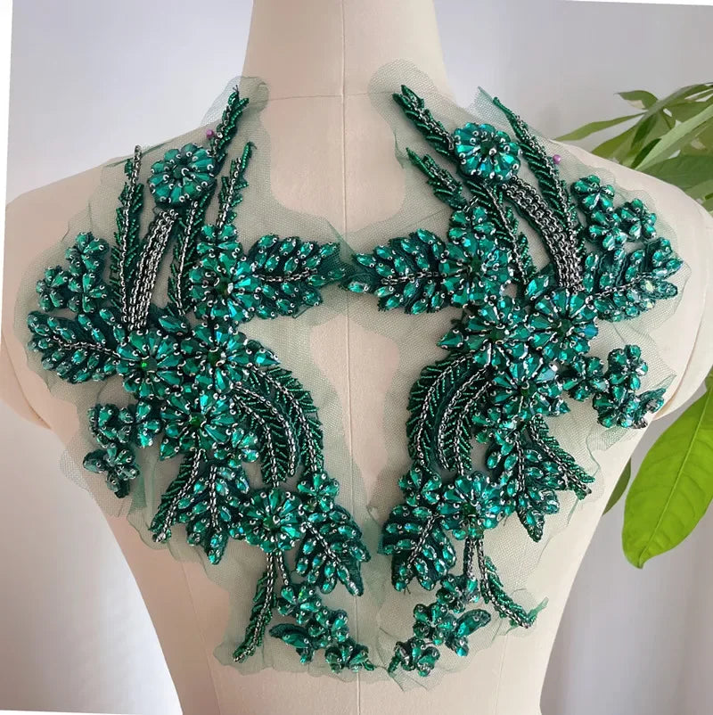 Handmade Rhinestone Flower Patches – 1 Pair Sparkling Mirror Glass Appliques for Gowns & Accessories