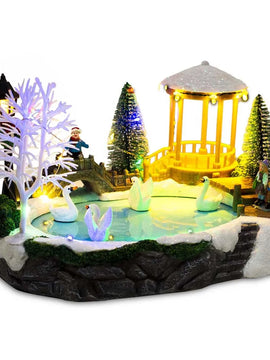 Holiday Table Décor LED Light Up Christmas Village Scene with Snowy Bridge, Pine Trees & Swans on Ice Pond
