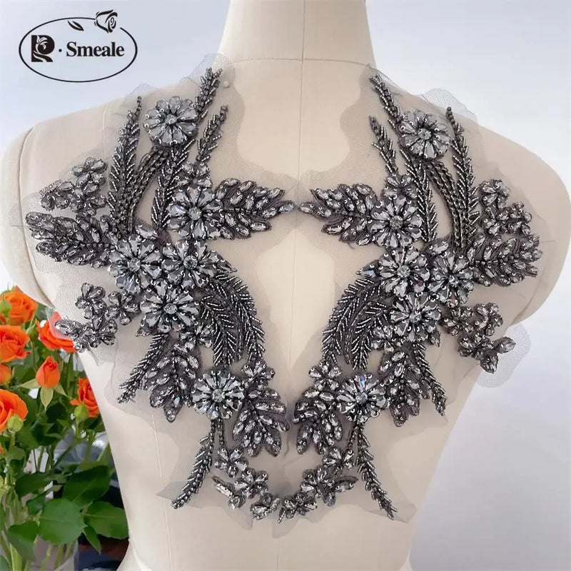 Handmade Rhinestone Flower Patches – 1 Pair Sparkling Mirror Glass Appliques for Gowns & Accessories