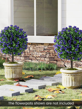 22 Inch Set of 2 Artificial Purple Rose Topiary Ball Trees with Cement-Filled Pot