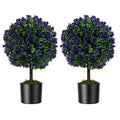 22 Inch Set of 2 Artificial Purple Rose Topiary Ball Trees with Cement-Filled Pot