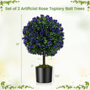 22 Inch Set of 2 Artificial Purple Rose Topiary Ball Trees with Cement-Filled Pot