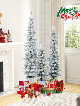 Set of 3 Potted Artificial Christmas Tree with Silver Metal Buckets