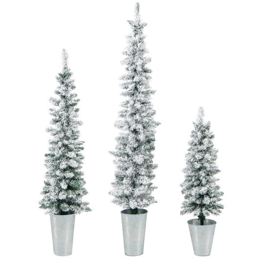 Set of 3 Potted Artificial Christmas Tree with Silver Metal Buckets