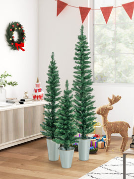 Set of 3 Potted Artificial Christmas Tree with Silver Metal Buckets