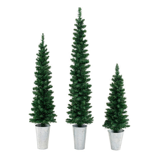 Set of 3 Potted Artificial Christmas Tree with Silver Metal Buckets