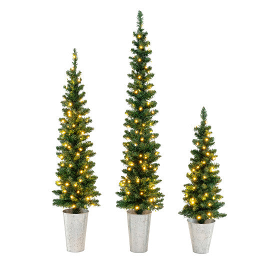 Set of 3 Potted Artificial Christmas Tree with Silver Metal Buckets