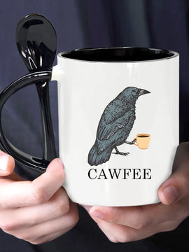 CAWFEE Crow Lover Coffee Mug – 1PC 11oz Ceramic Mug with Spoon, Birthday Gift for Crow Fans, Black