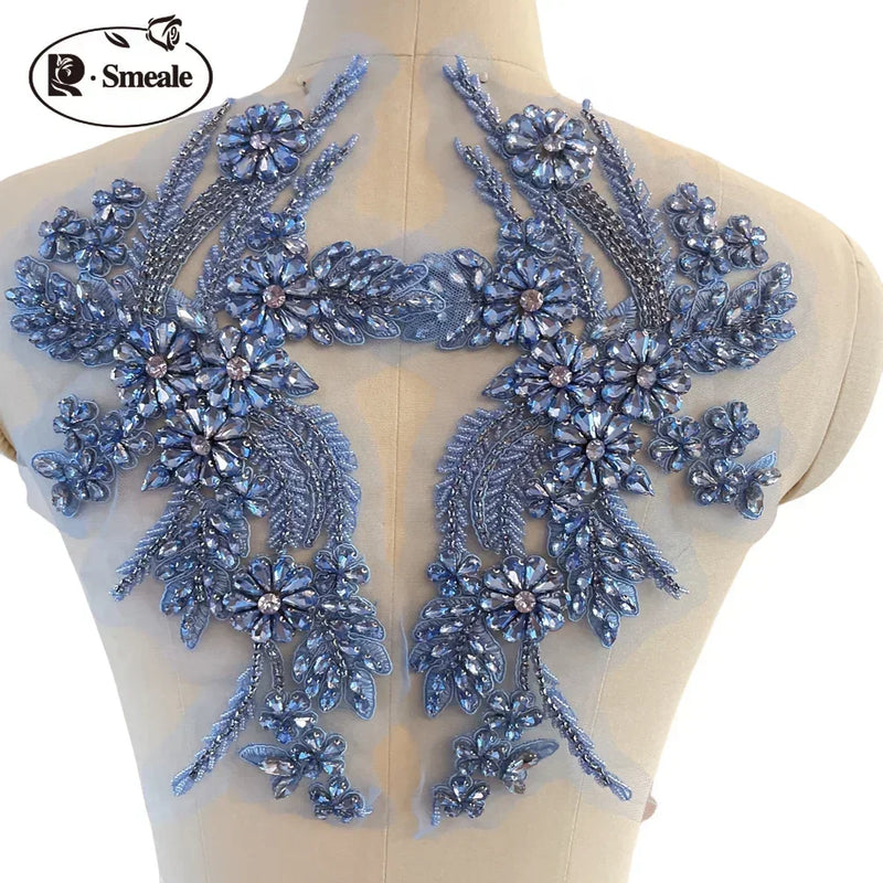 Handmade Rhinestone Flower Patches – 1 Pair Sparkling Mirror Glass Appliques for Gowns & Accessories